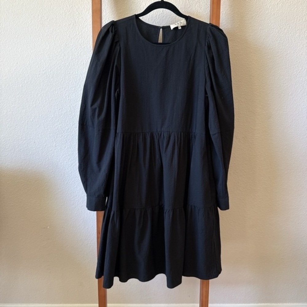 Sea NEW YORK textured lightweight Black Tiered Puff Sleeve Dress black size 6